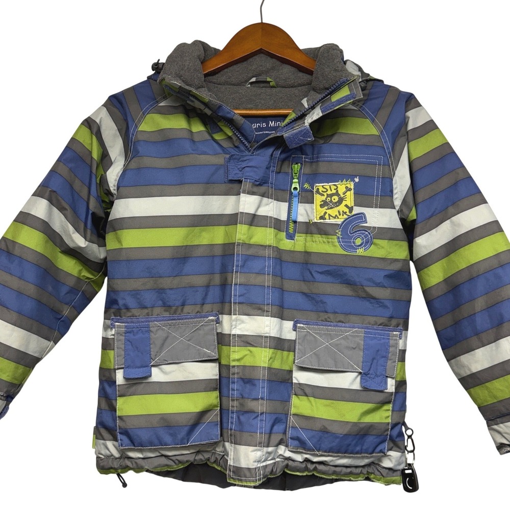 Souris Mini Boys Striped Hooded Winter Coat Blue Green Grey Fleece Lined Size 8